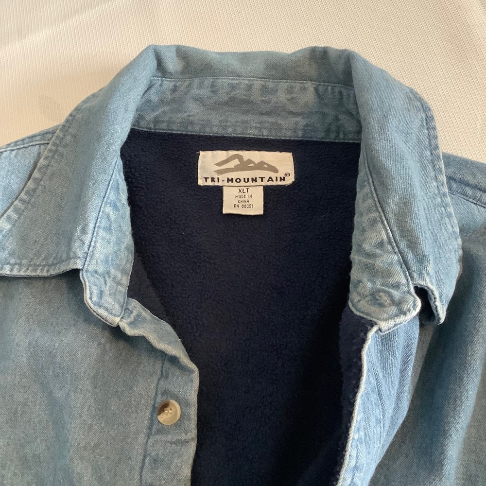Tri-Mountain Mens XLT Denim Fleece Lined Shirt Jacket Light Wash Blue Workwear